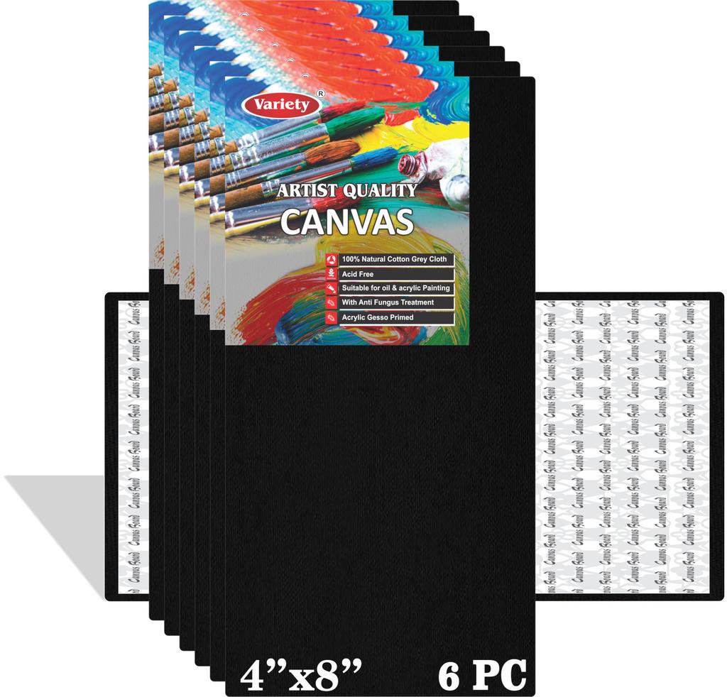 Variety Canvas 4 X 8 Inch Cotton Canvas Board For Painting, 7Oz Primed, Pack Of 6 Piece - Black