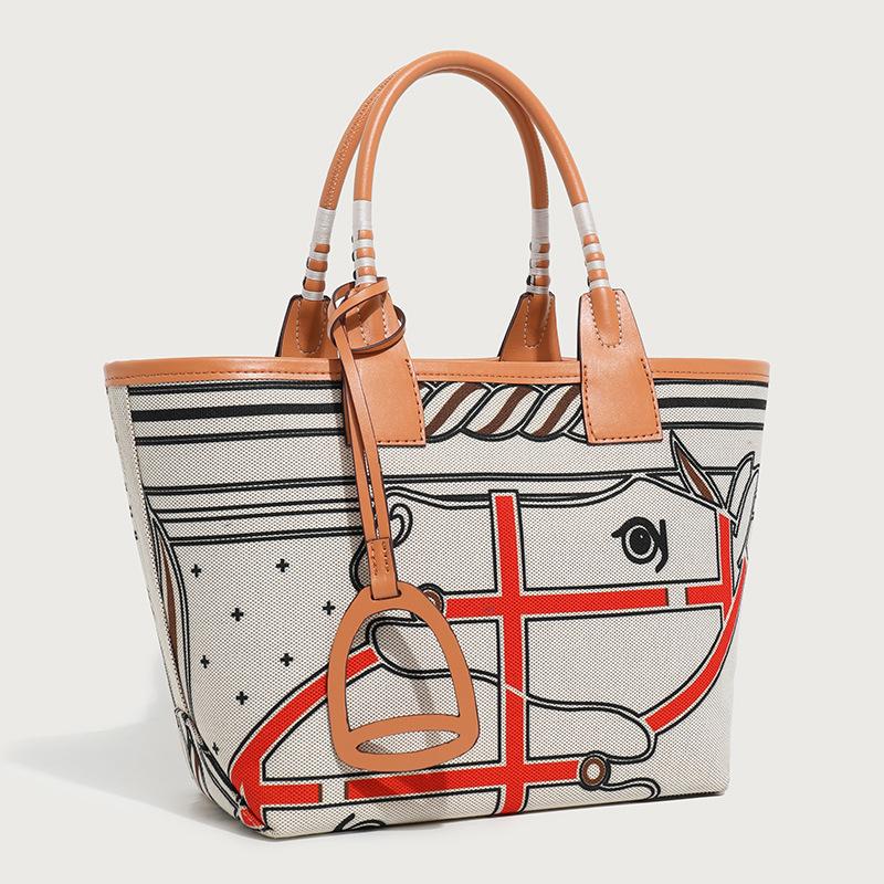 2025 New High-End Fashion Canvas Handbag for Women, Single-Shoulder Large-Capacity Patchwork Leather Versatile Commuting Tote Bag