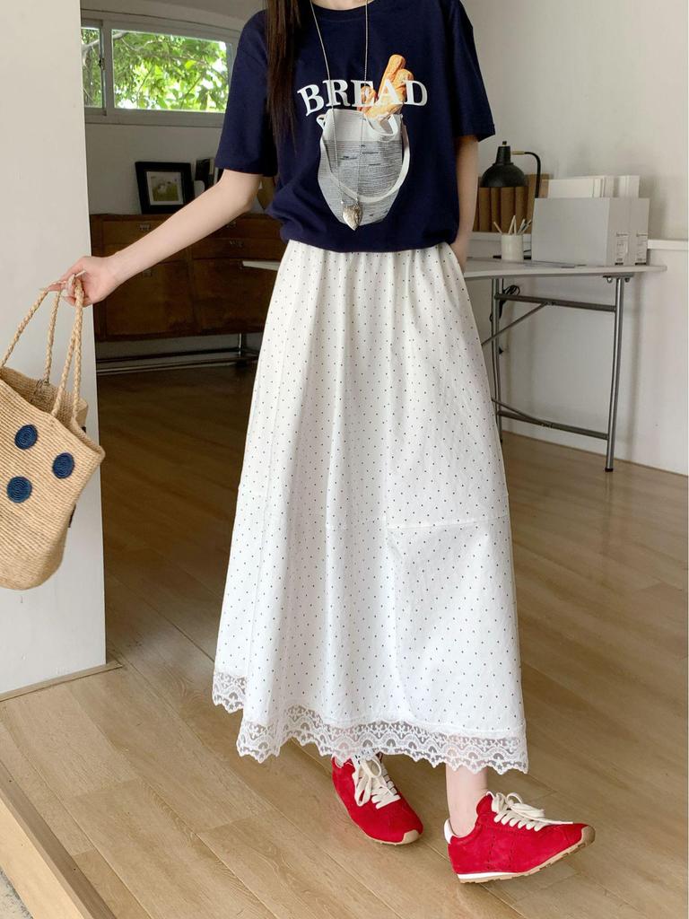 Plus Size Women's Korean Polka Dot Lace A-line Midi Skirt - High Waist Summer Style