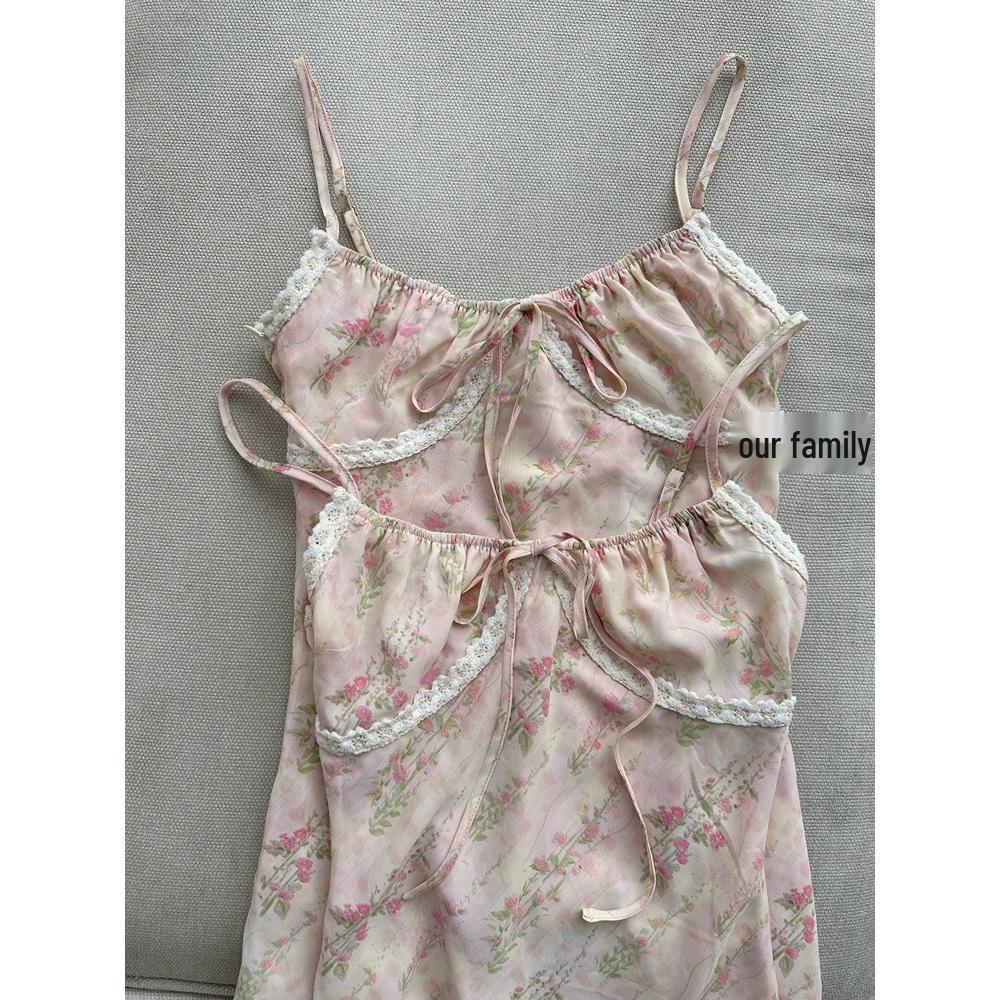 

Женское летнее розовое платье с цветочным кружевом на тонких бретелях - Изысканный французский стиль L (100-110 jin)