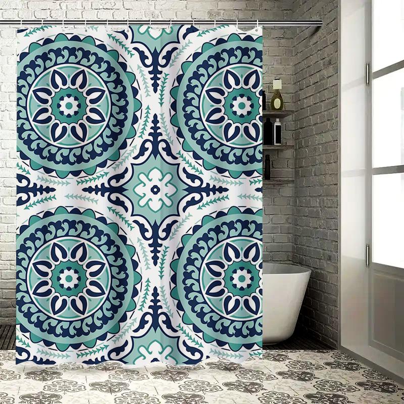 Blue and White Floral Shower Curtain Set Bathroom Decor, Waterproof Fabric Printing, Modern Bath Accessories for Home Decoration