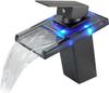 Basin Faucet Waterfall LED 3 Colors Glass Outlet Bathroom Battery Powered Basin Mixer Tap Chrome Deck Mounted Hot Cold Tap