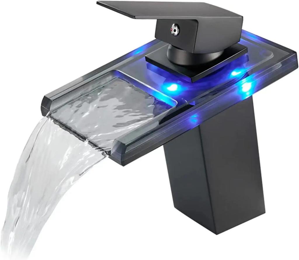 Basin Faucet Waterfall LED 3 Colors Glass Outlet Bathroom Battery Powered Basin Mixer Tap Chrome Deck Mounted Hot Cold Tap