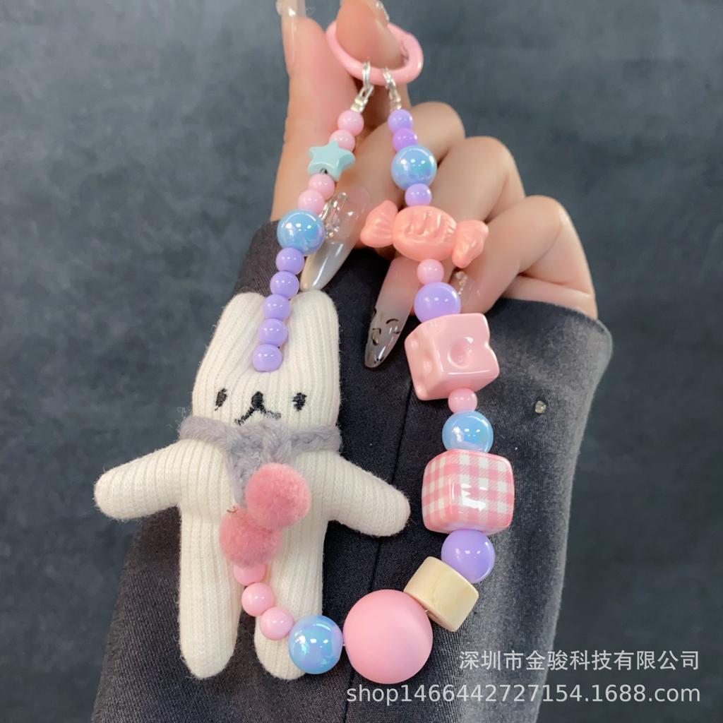 Cute Cartoon Rabbit Plush Phone Chain Handmade Beaded 3D Candy Phone Case Strap Adorable Keychain Pendant