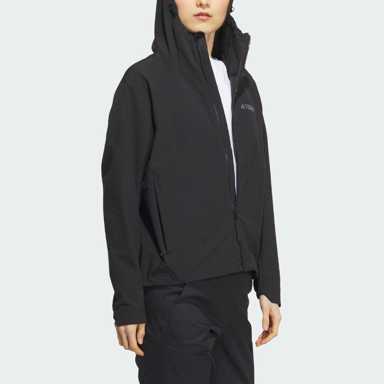 Adidas Brushed Shell Jacket Solid Color Logo Outdoor Fleece Lined Sports Hooded Softshell Jacket Women Jacket Black IL9013