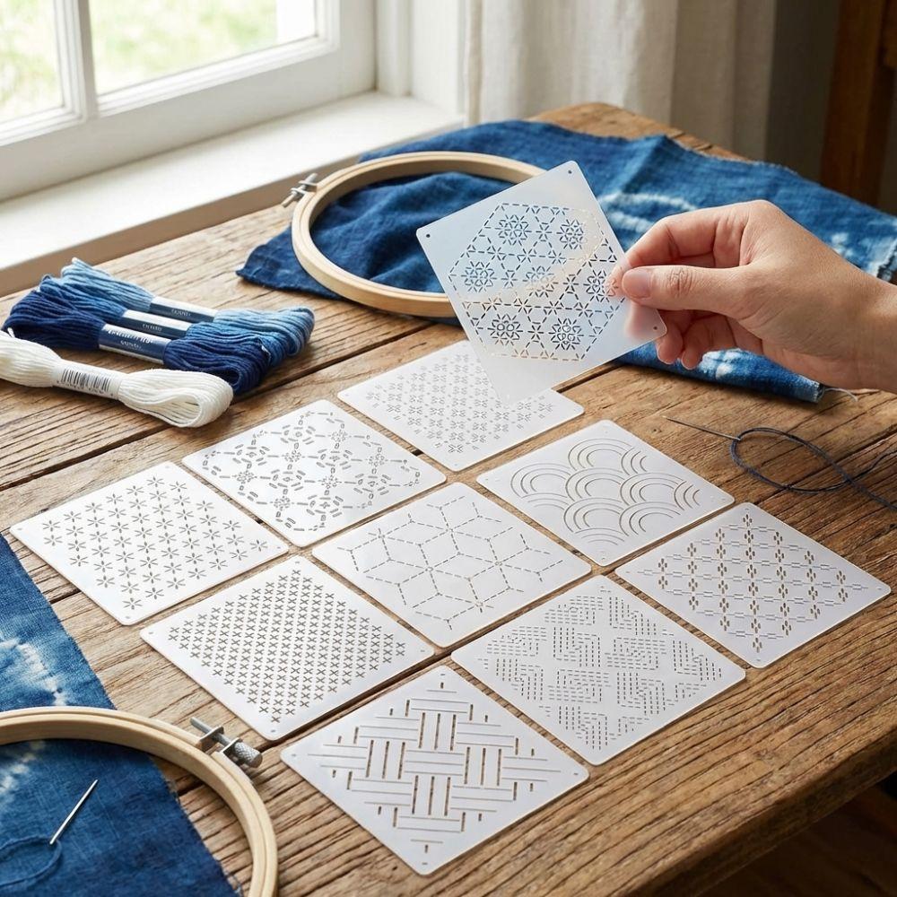 30 Stück Geometrisches Muster Sashiko Schablonen-Set Handgefertigt Wiederverwendbar Sashiko Stickerei Vorlage DIY PET Stickerei Schablone