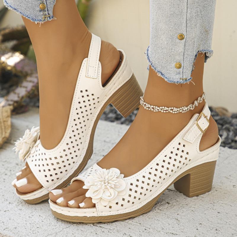 Large Size Flower High-heeled Sandals Women's 25 New Fashion Casual Buckle Solid Color Sandals