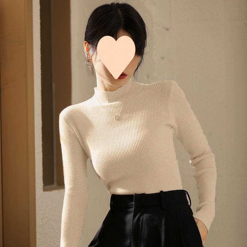 Black Semi High Neck Sweater for Women Warm for Autumn and Winter with Knitted Base Layer and Top Slim Fit and Slimming Effect