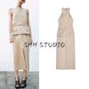 Spring and Summer New Women's Clothing Minimalist Fashion Hanging Collar with Belt Cross Midi Skirt Dress 2604615