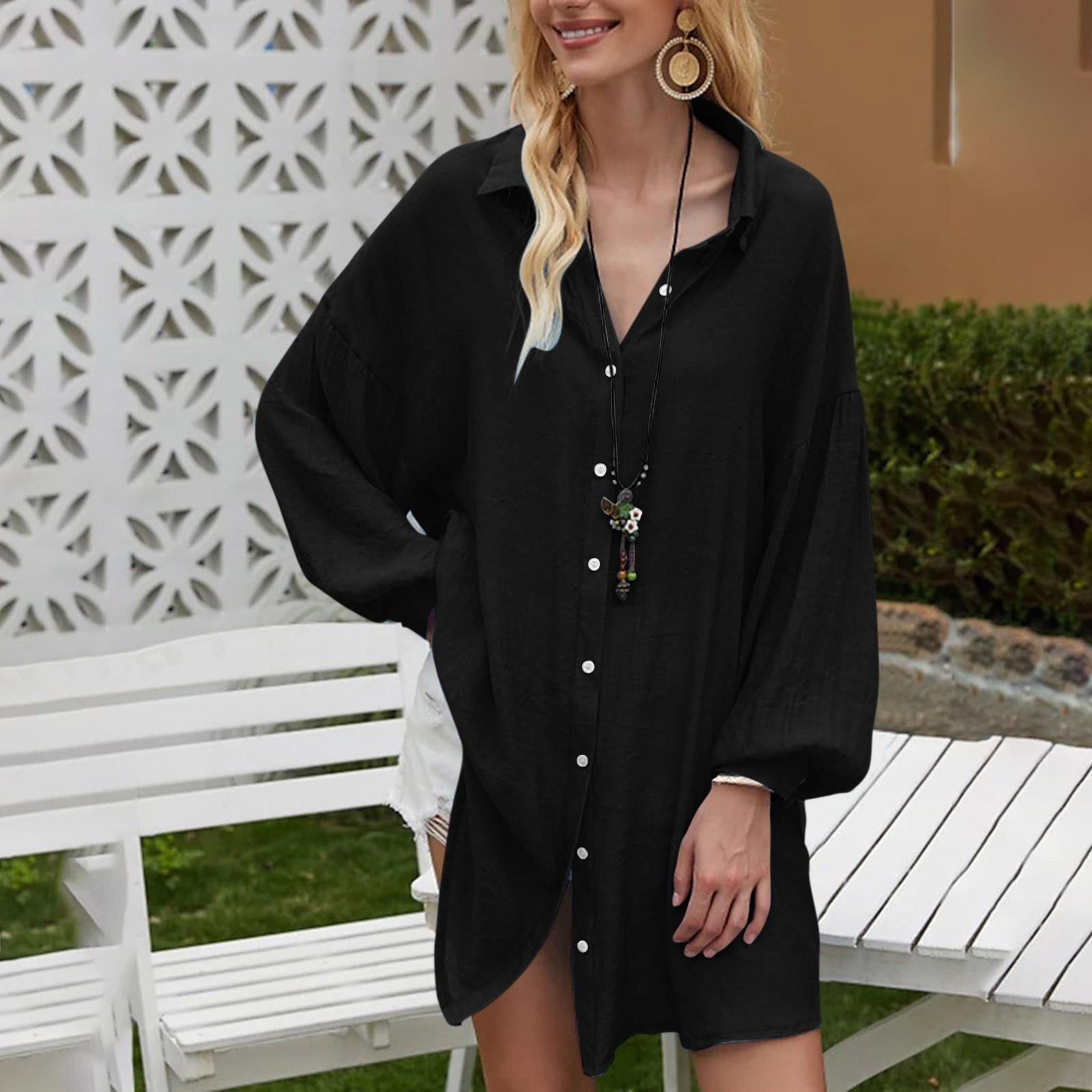 

Женская мода 2022 с длинным рукавом Свободная повседневная однотонная длинная футболка Топы Блузка XXL чёрный