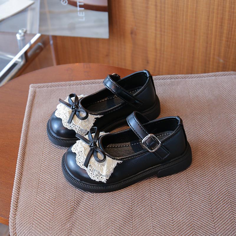 Spring New Girls Princess Lace Flats Shoes Kids Bow Round Toe Leather Retro Toddler Non Slip Dress Shoes for Party
