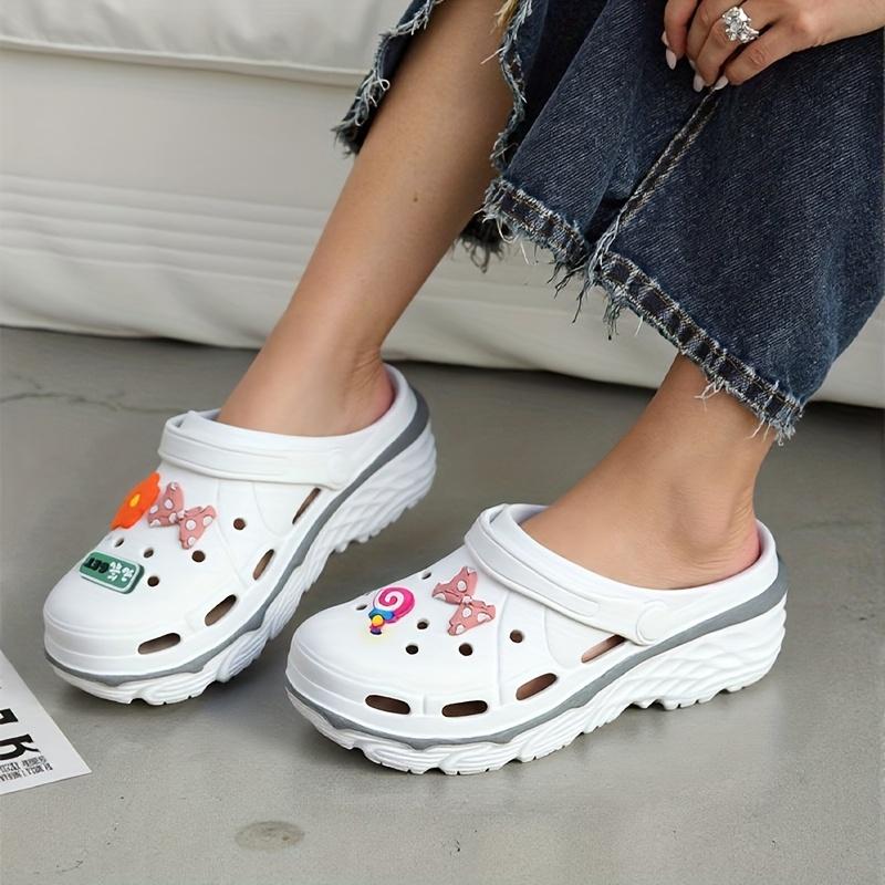 Women's Thick-Soled Height-Increasing Clogs with DIY Flower Bow Accessories, Non-Slip Wear-Resistant Lightweight Garden Shoes, Women Shoes