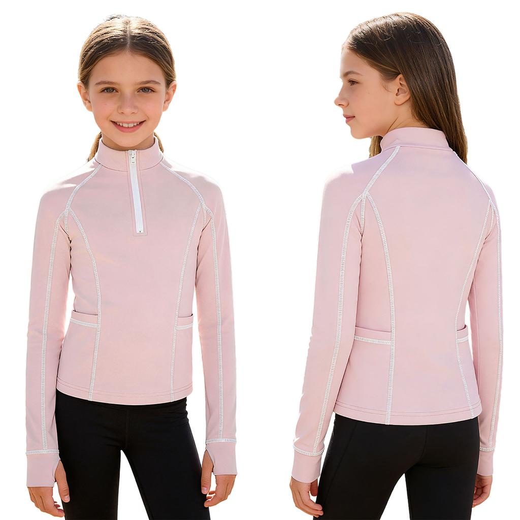 Comfortable Zip-Up Riding Shirt for Girls: Breathable Sweatshirt with Thumb Holes, Collared Neck & Secure Zip Pockets