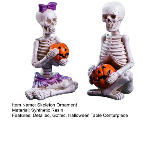 Resin Skeleton Ornaments 2Pcs/Set Couple Statues, with Pumpkin Figurines, Men Funny Gifts Women for Halloween Table Mantel Shelf Decoration Accents