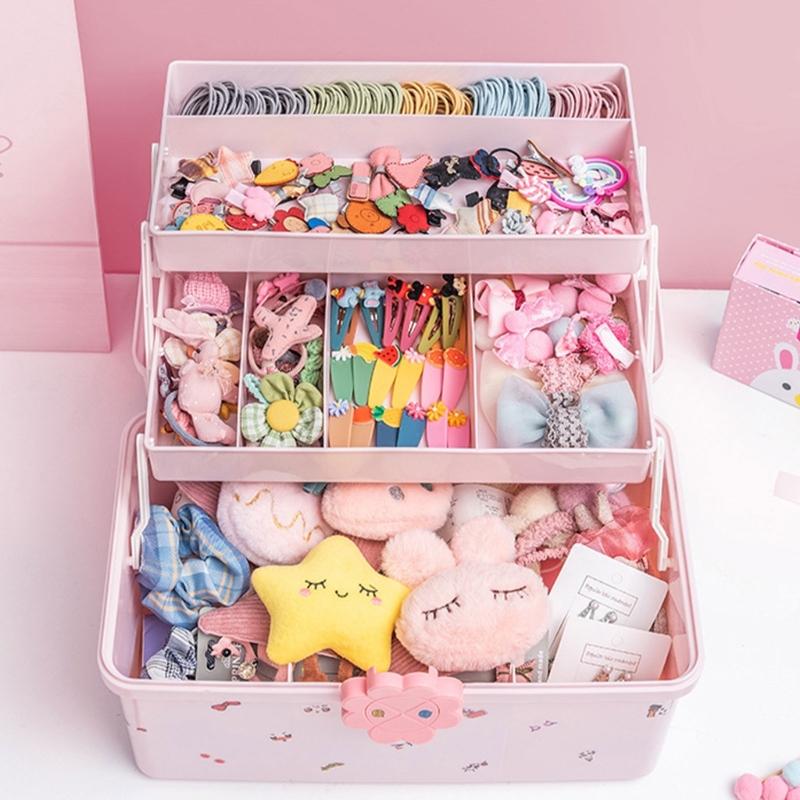 Girl's Hair Clip and Scrunchie Organizers Multitiers Baby Jewelry Storage Box with Lock Home Accessory for Organization