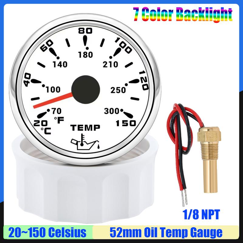 20~150℃ 7 Color Light 52mm Oil Temperature Gauge with Sensor 1/8NPT M14X1.5 Oil Temp Meter for Car Marine Boat 12V 24V Custom