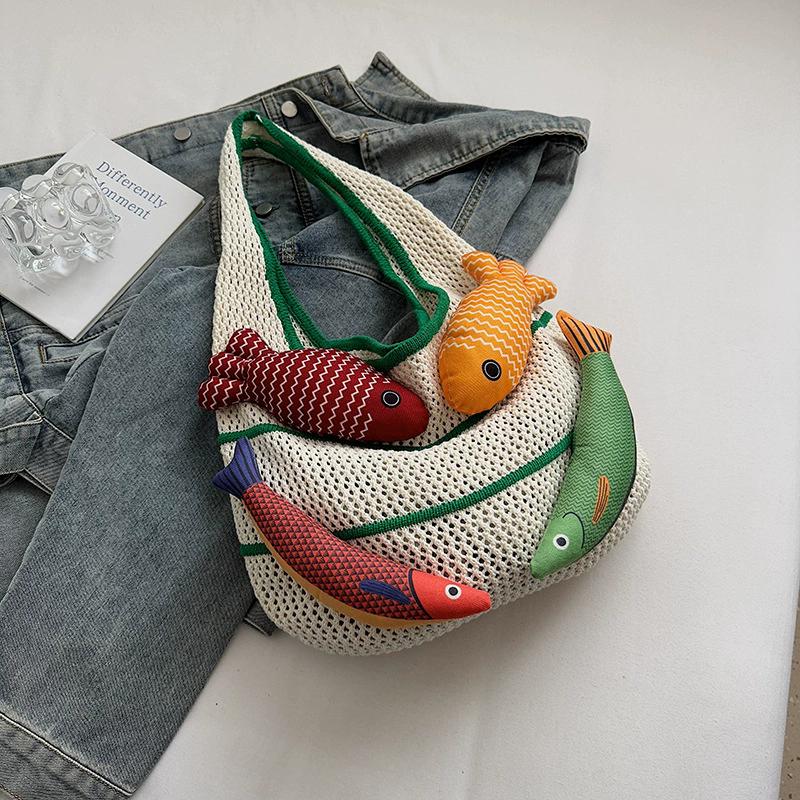 Fish Design Knitting Shoulder Bag Woven Hand Bag Beach Bag Holiday Travel Shopper Shopping Purse for Women