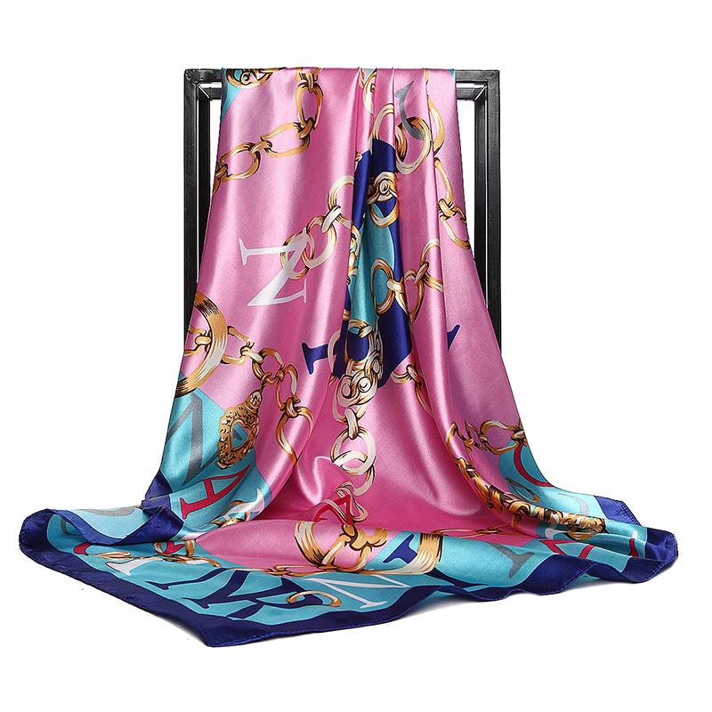 Luxury Women Silk Scarf Square Bandana Design Brand Headband Female Satin Hijab Large Shawl Wrap Lady Kerchief Chain Print New