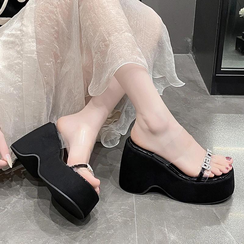 11CM Women Summer Wedge Sandals Transparent Bling Crystal Chunky Platform Slippers Shoes Woman Ultra-high Thick Bottom Sandalias
