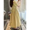 Summer French Short Sleeve Round Neck Dress Women Elegant Slimming Drawstring Long Dress