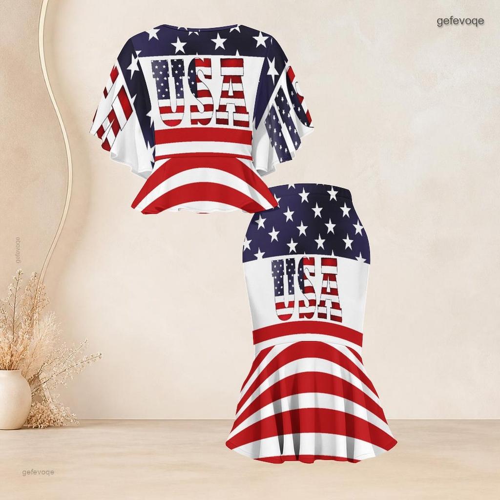 Women Plus Size Printed Round Neck Batwing Sleeve Ruffle Hem Top Fishtail Skirt Two Piece Set