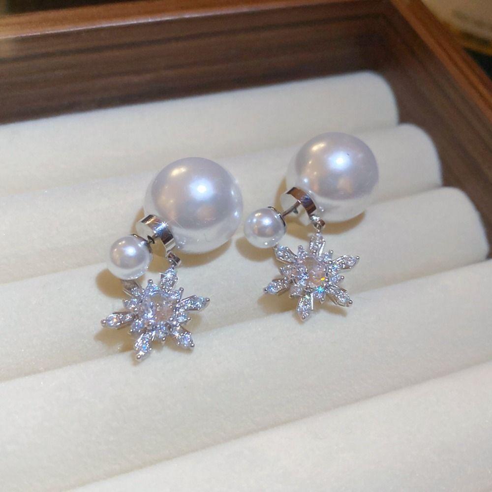Light Luxury Crystal Snowflakes Earrings Pearl Zircon Dangle Earrings Snowflakes Earrings  Winter