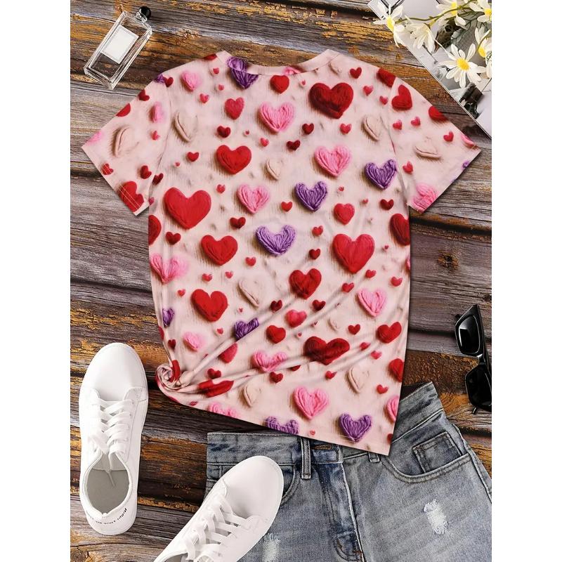 Heart Print Crew Neck T-Shirt For Women Casual Short Sleeve Leopard Love Tshirts Top Women's Ladies Valentine's Day T Shirt