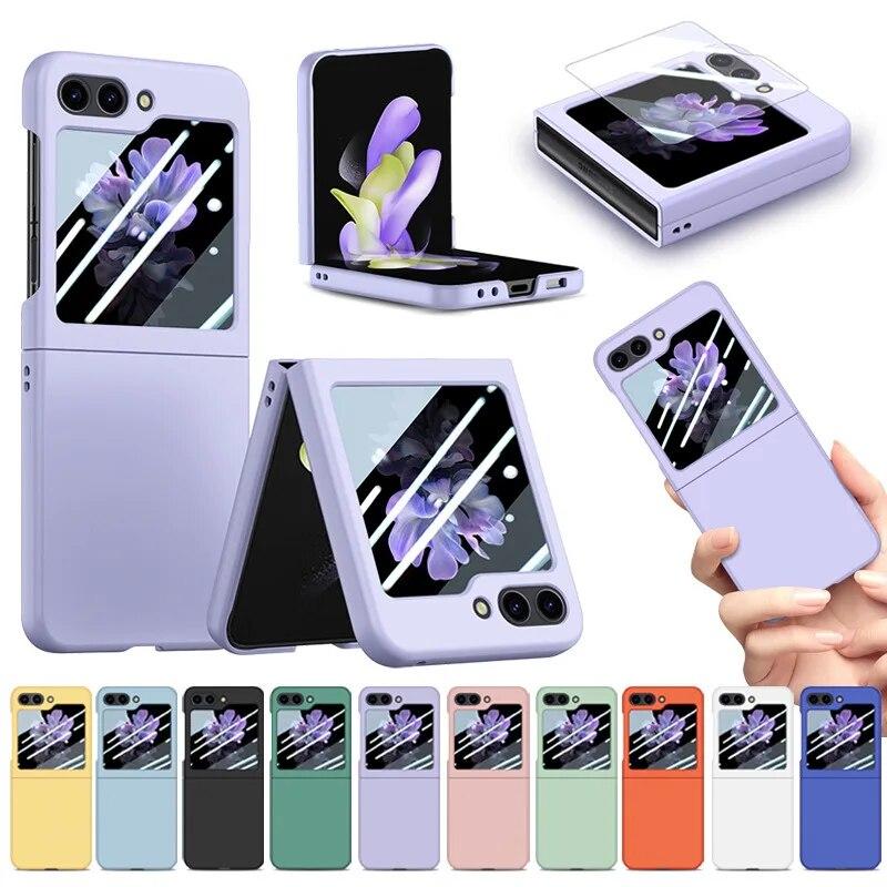 For Samsung Galaxy Z Flip 5 5G Case Ultra Thin PC Skin Feeling Solid Color With Temper Glass Full 360 Degree Cover For Z Flip5