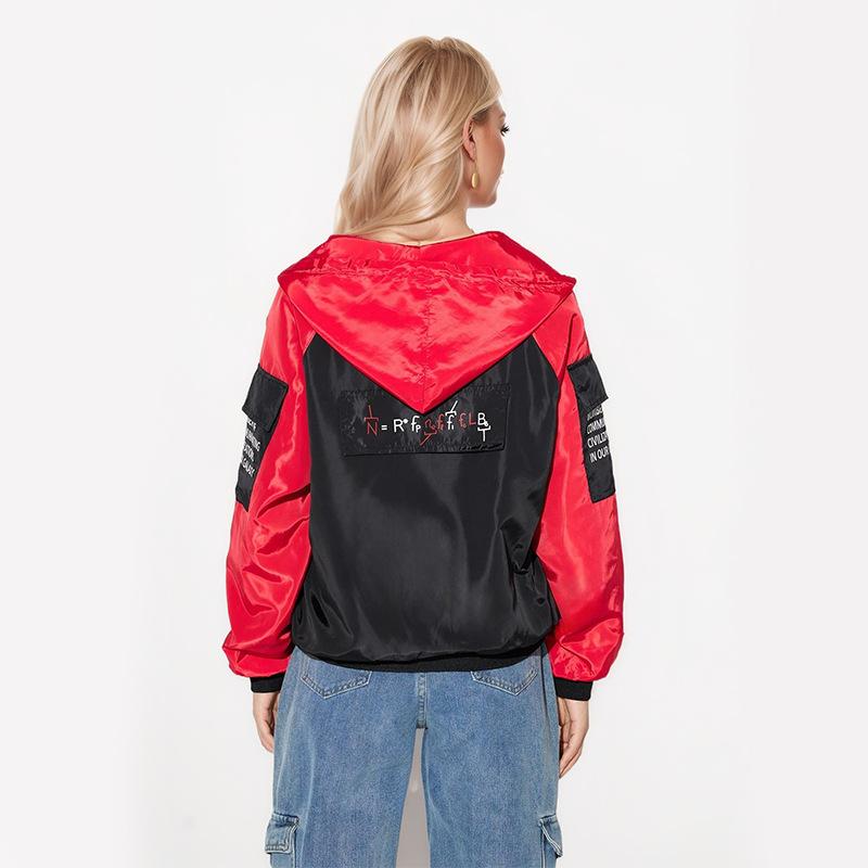Women's Letter Printed Color Blocking Loose Hooded Long Sleeve Jacket