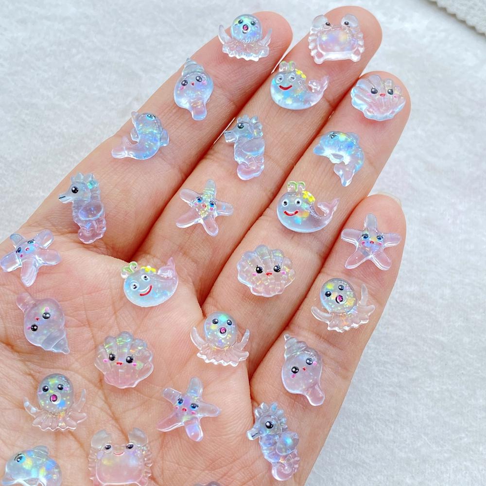 

60pcs Resin Mini Blue Jellyfish Seahorse Starfish Pearl Shell Art Nail Flat Back Rhinestone DIY Scrapbook Christmas Crafts