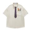 Japanese Retro Cartoon Embroidered Tie Corduroy Short-sleeved Shirt for Men and Women, Summer Loose Casual Shirt