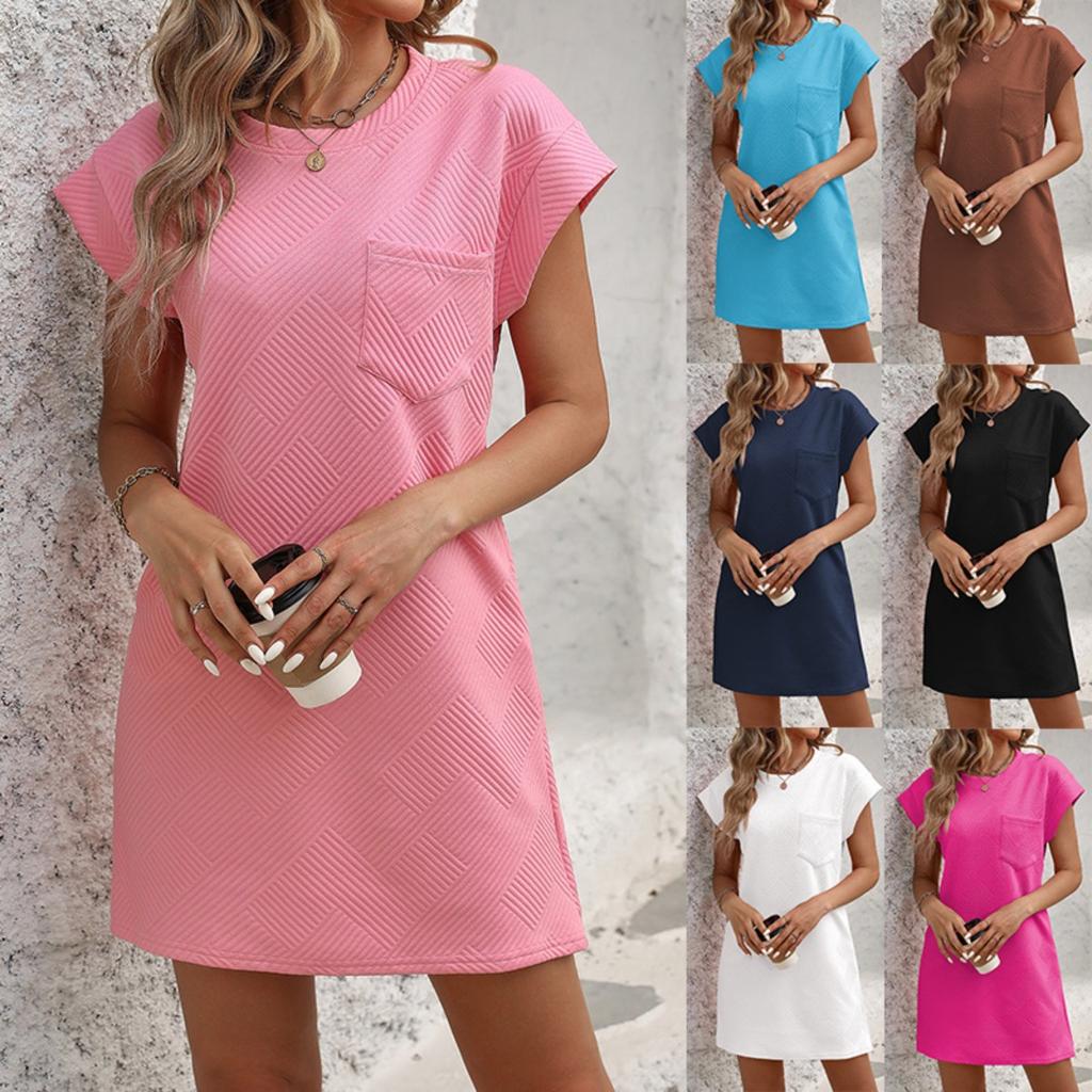 Women's Casual Sports Crew Neck Pocket Short Sleeve Loose Mini Dress, European American Style Crossbody Vacation Daily Dress