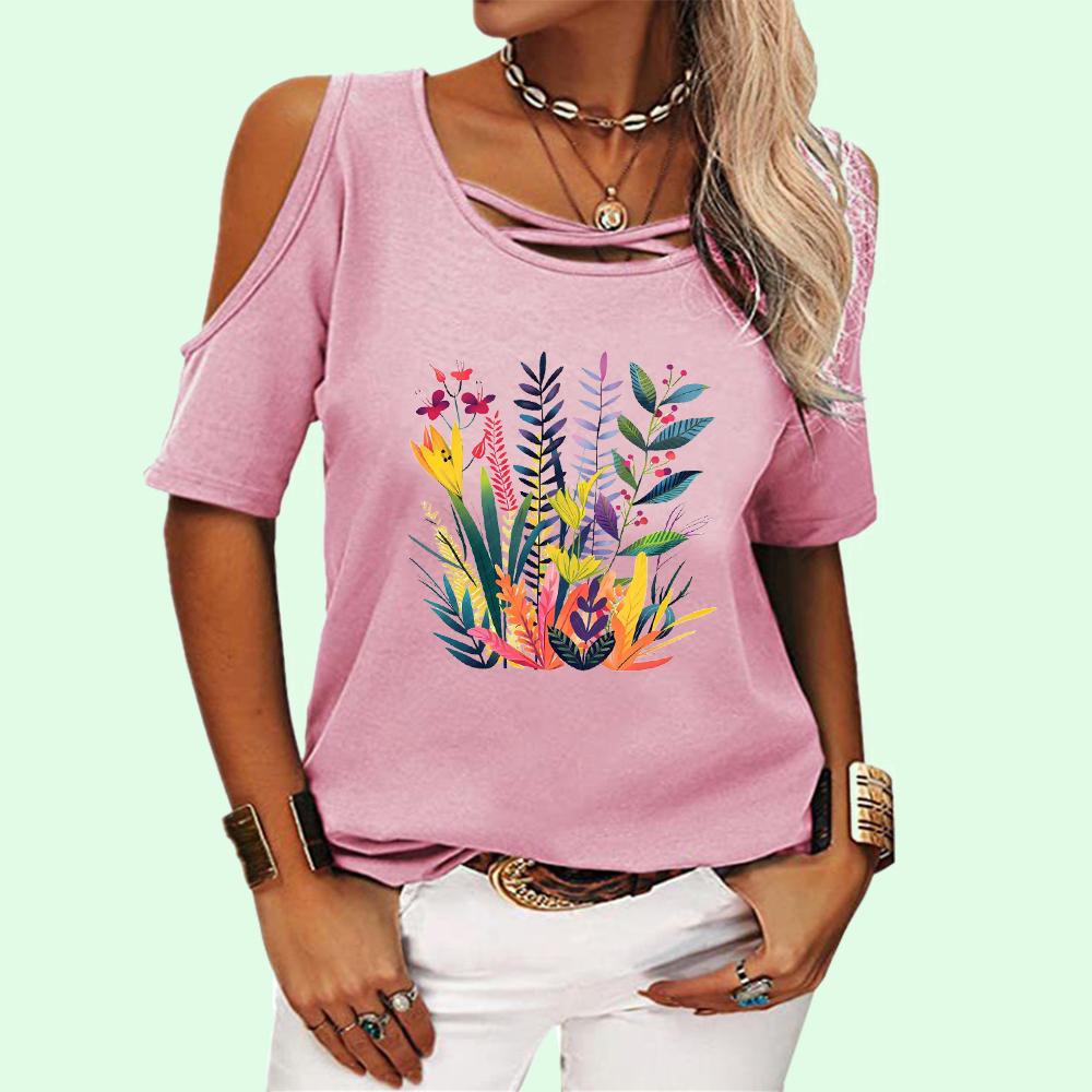 Haut à col rond tendance pour femme, T-shirt d'été à épaules dénudées, T-shirt décontracté à manches courtes et imprimé floral