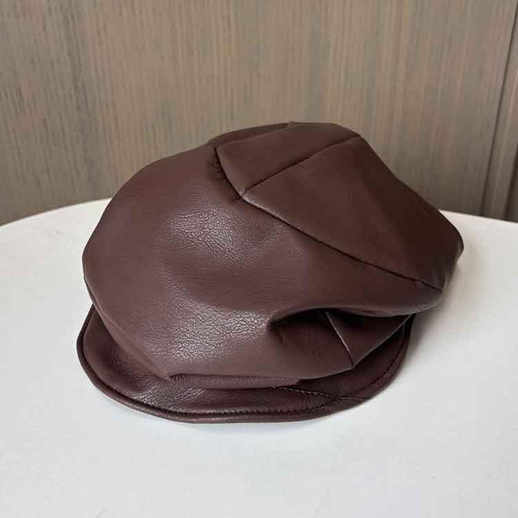 Retro Leather Cloud Octagonal Hat Women'S Niche Versatile Face Small Cap Pu Reverse Forward Hat