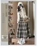 Retro Red Plaid Woolen Midi Skirt with Elastic Waist and Big Swing