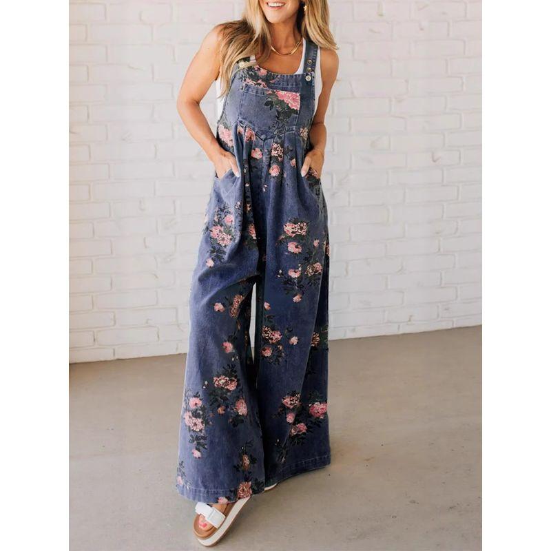 

Casual Jumpsuit2025 European and American Women clothes Popular Fashion Print Leisure Jumpsuit Sleeveless Overalls Blue L