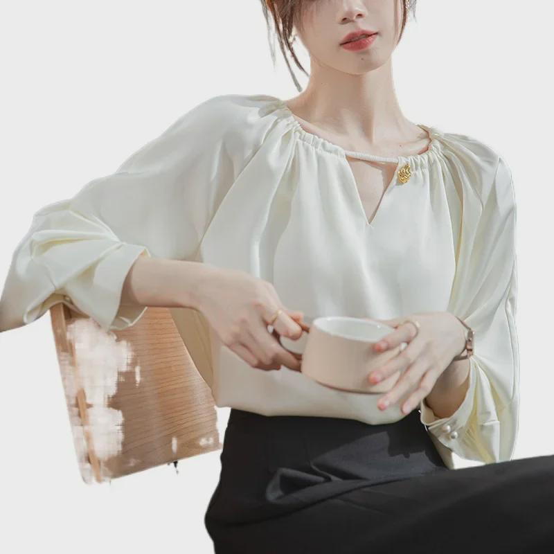 2025 French Apricot Satin Women's Spring Shirt with Unique Slimming Design