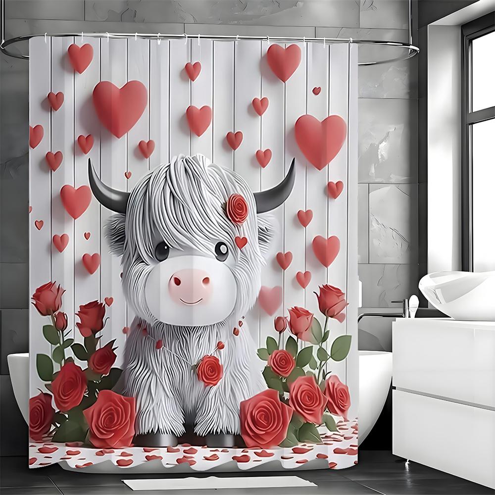 Valentine's Day Calf Rose Love Shower Curtain, Bathroom Decorative Shower Curtain, Waterproof Shower Curtain with Hooks