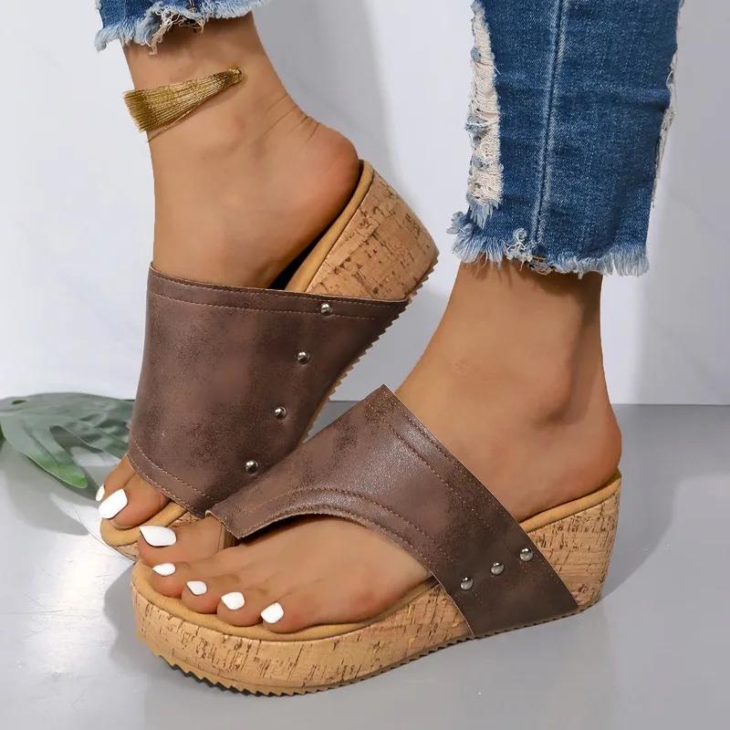 2024 Summer High Quality Women's Slippers Everyday Comfort Solid Color High Heel Slip-on Toe Large Size Women's Slippers