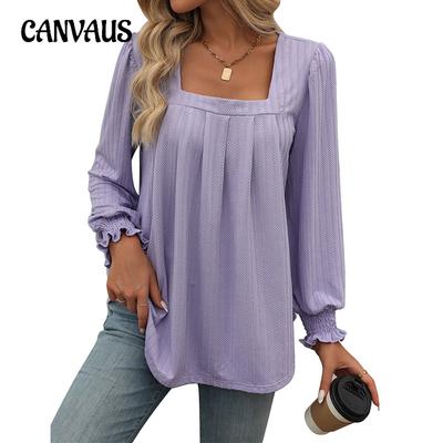 Spring and Autumn Women's Casual Bubble Sleeve Square Neck Pleated Long Sleeve Top