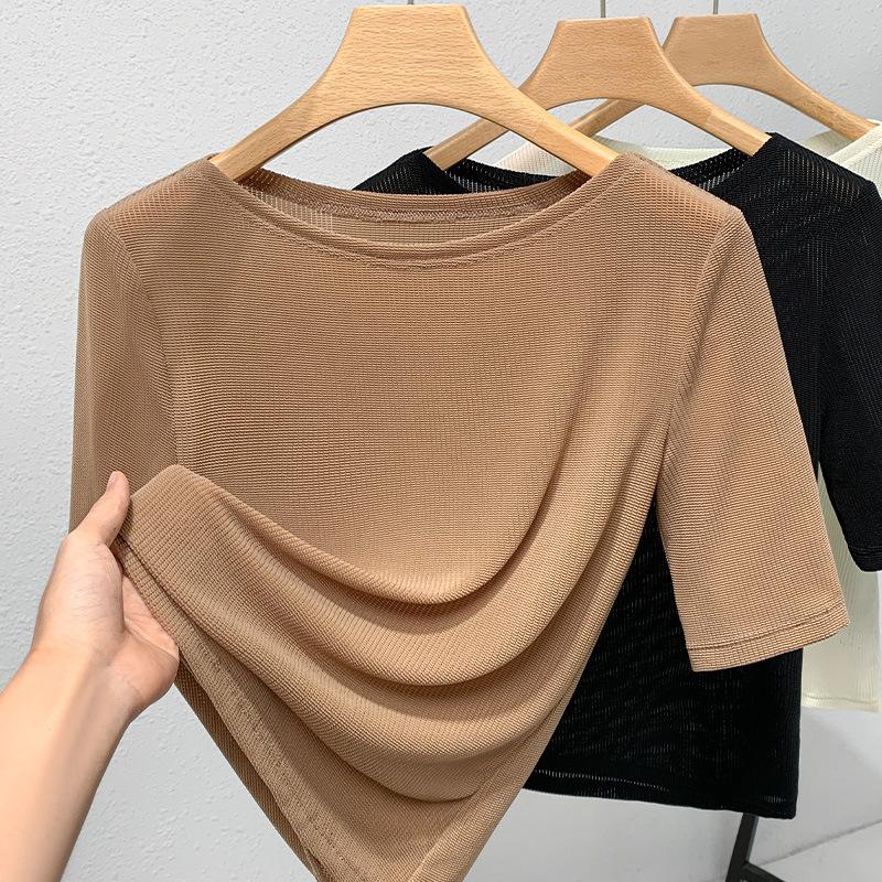 

Футболка с рукавом средней длины Женская Новая Женская футболка с сеткой на одно плечо Однотонный топ с приталенной талией 3XL коричневый