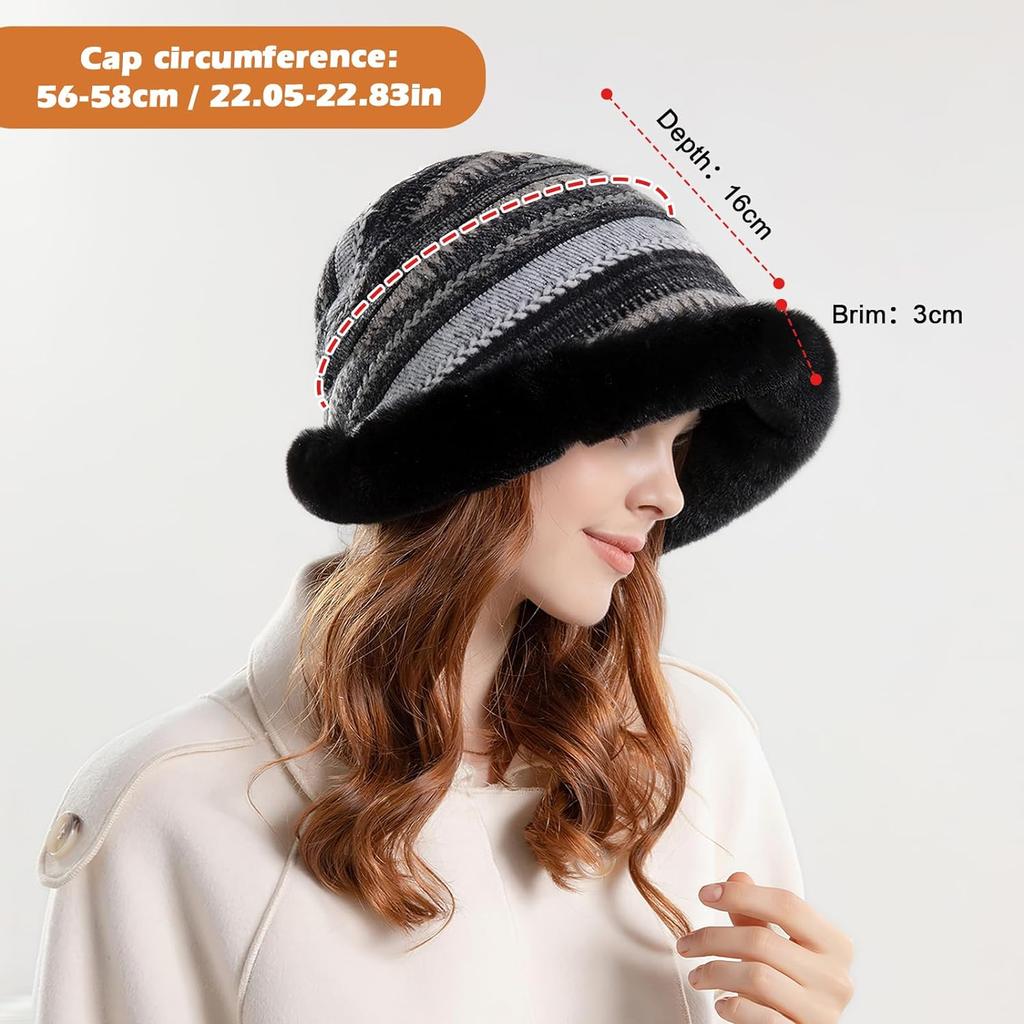 Winter Bucket Hat for Women Warm Hats Faux Fur Fisherman Cap, Women Winter Furry Bucket Hat Rolled Brim Faux Fur Cloche Hat