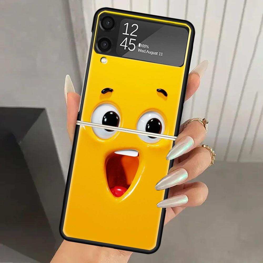 Funny Face Cute Hard PC Phone Case For Samsung Galaxy Z Flip 7 6 5 4 3 Black ZFlip7 ZFlip6 Flip5 Flip4 Flip3 5G Print Cover Gala