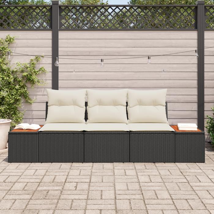 VidaXL Ensemble de 3 Canapés de Jardin avec Coussins Noir Poly Rattan Acacia 3348013