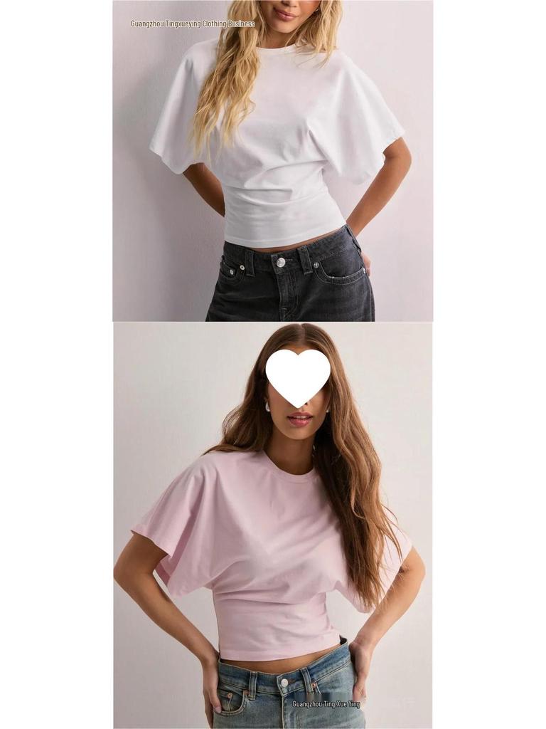 Koreansk-stil Dame Sommer Rund Hals Kort Ærme Løstsiddende T-shirt