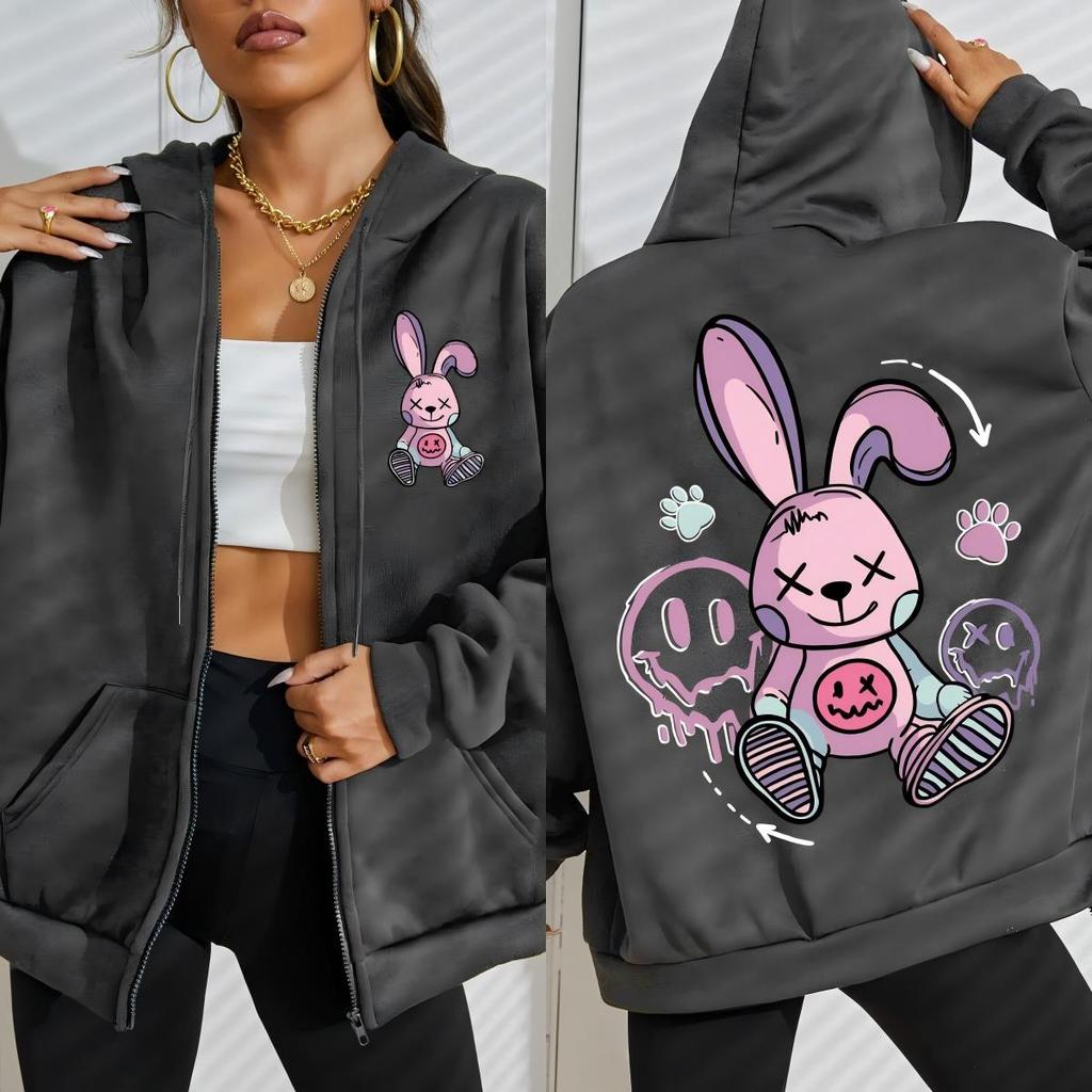 Cute Tags Cartoon Footprints Rabbit Print Women Zipper Hoody Hoodies Autumn Casual Zip-Up Clothes Pocket Hoodie