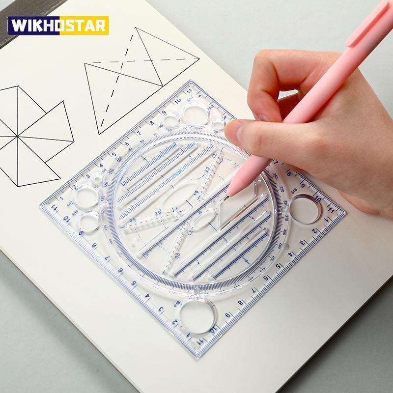 1/2pcs Multi-Functional Geometry Drawing Ruler, Transparent Protractor, Rotatable Ruler, 3D Scale Ruler for Drafting