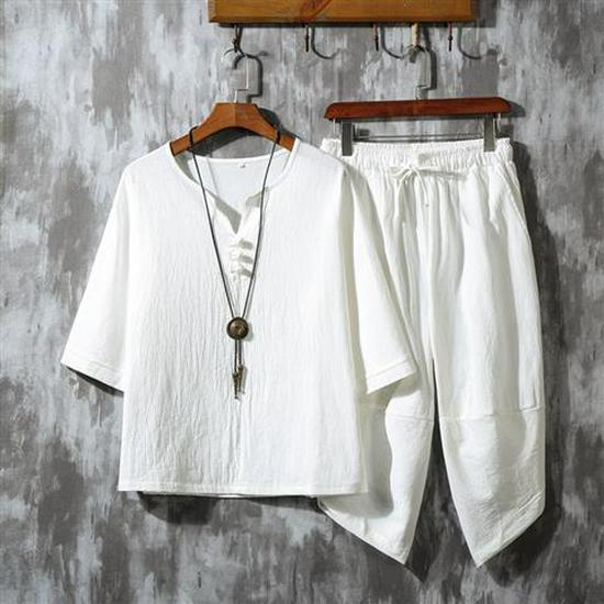 Men's Retro Chinese-Style Cotton & Linen Buttoned Three-Quarter Sleeve T-Shirt and Shorts Set