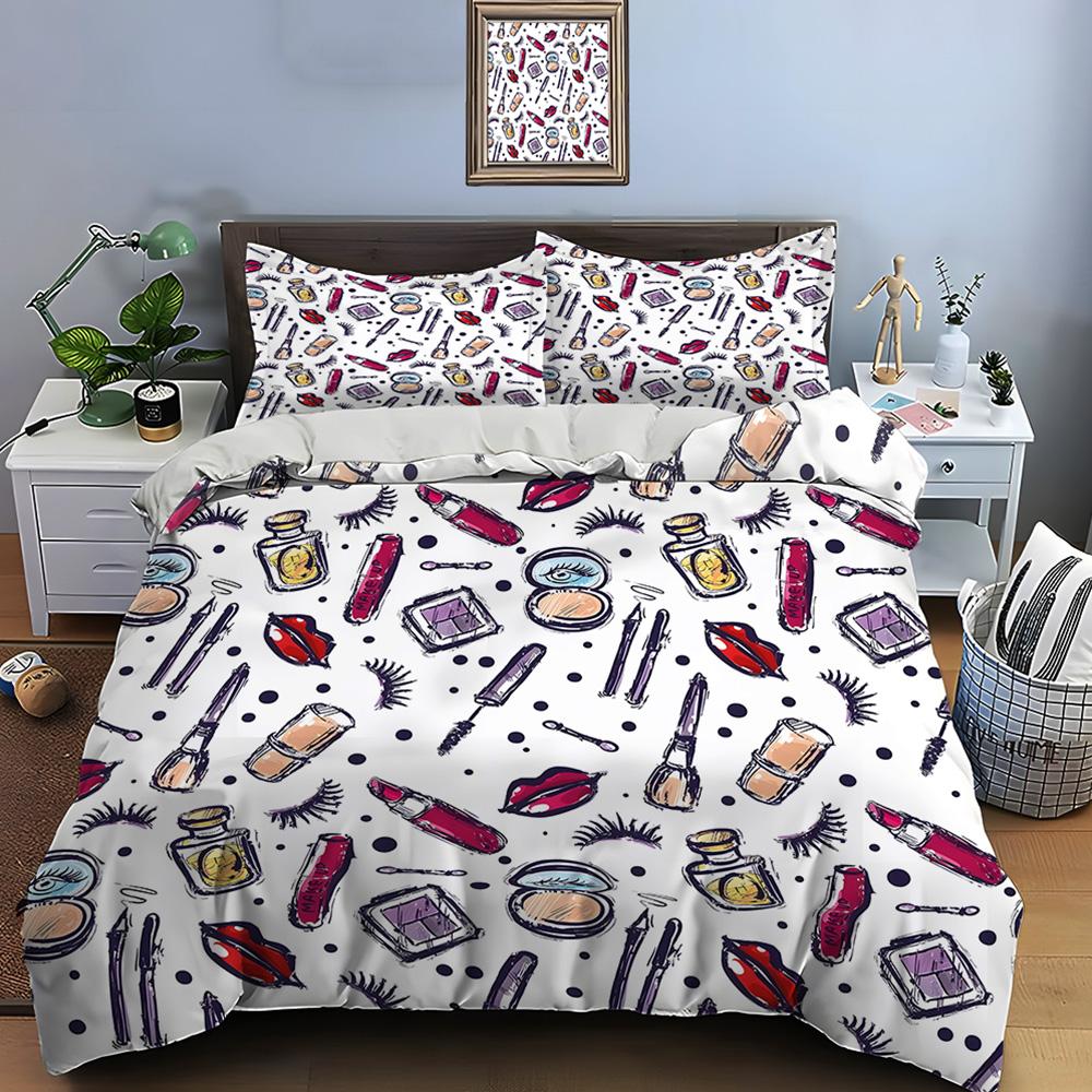 3PC Fashion Make Up Print Bedding Set Duvet Cover 1 Duvet Cover 2 Pillowcases Adult and Children Bedding Set Luxury Girls Gifts