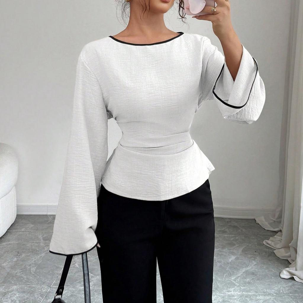 Women Long Sleeve Peplum Top Waist Cinched Flared Sleeve Crew Neck Casual Streetwear Blouse Fashion Basic Tunic Shirt